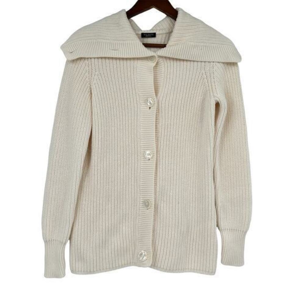 Talbots white button front chunky knit cardigan sweater oversized collar small